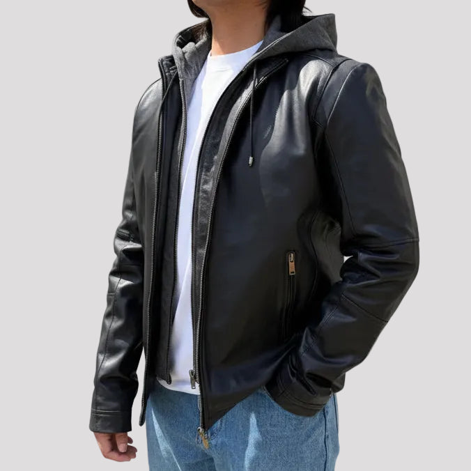 Men's Lamb Leather Hoodie Jacket with Detachable Hood 