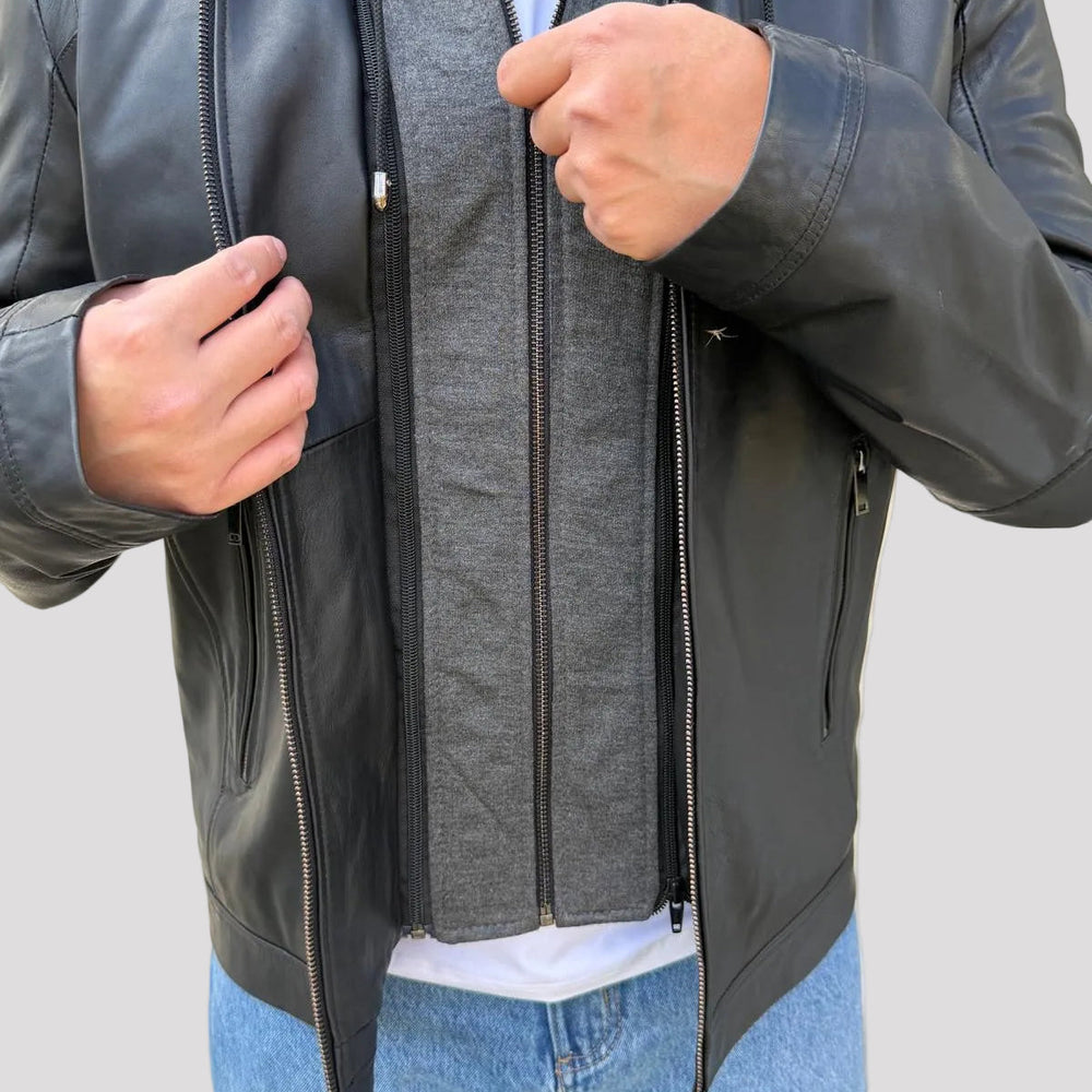 Men's Lamb Leather Hoodie Jacket with Detachable Hood 