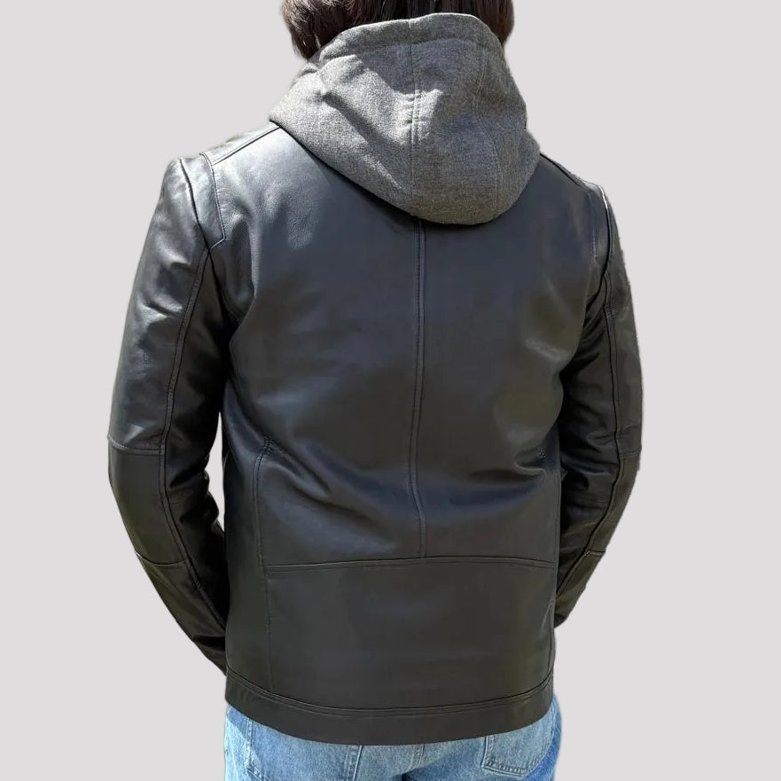 Men's Lamb Leather Hoodie Jacket with Detachable Hood 