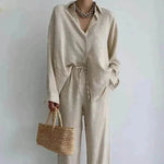 Women's 2 Piece Outfits Set Linen Button down shirt Blouse and straight Leg Pants Set - EX-STOCK Canada