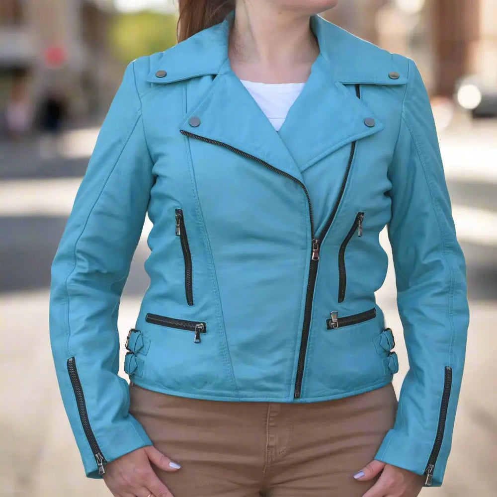 Chaqueta de cuero de oveja estilo motera para mujerEX-STOCK Canada 