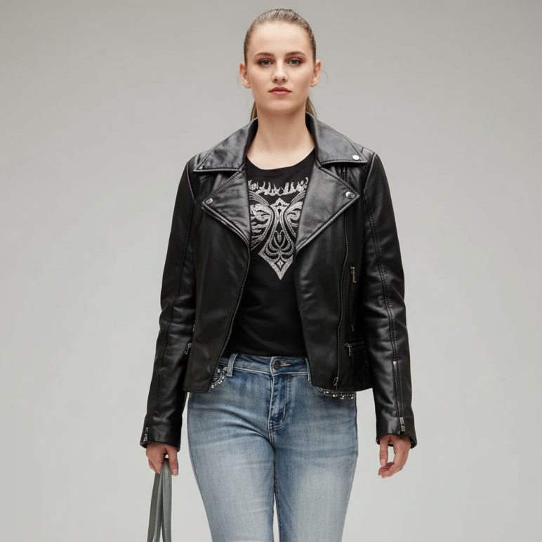 Women's Biker Look Sheep Leather Jacket 