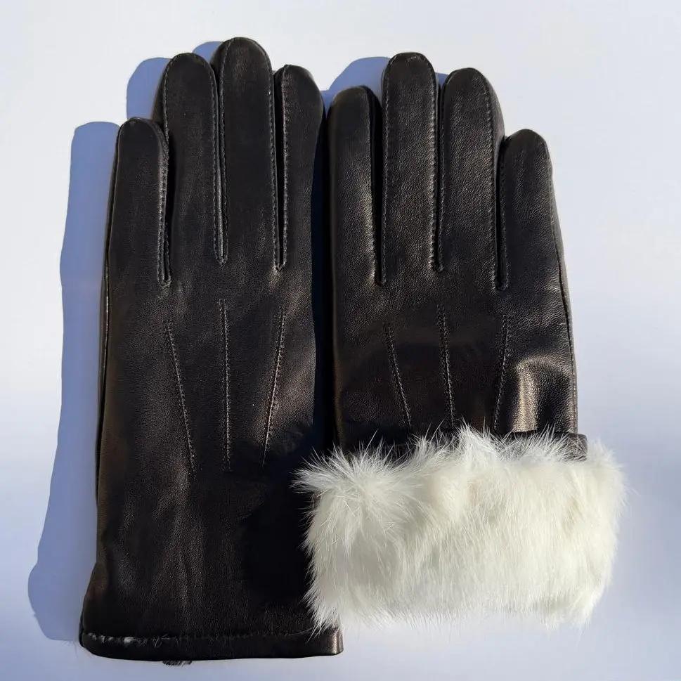 Guantes de cuero de cordero teñido para mujer con elegante ribete de piel de conejoEX-STOCK Canada 