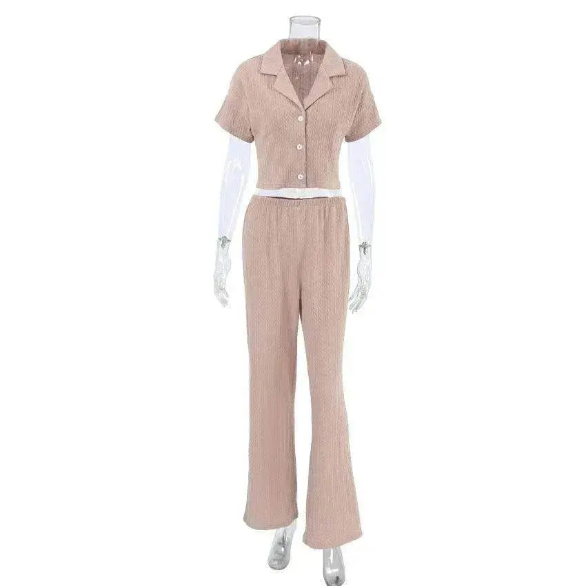 Women's Fashionable Simple Solid Color Short-sleeved Trousers Pajamas Two-piece Set - EX-STOCK Canada