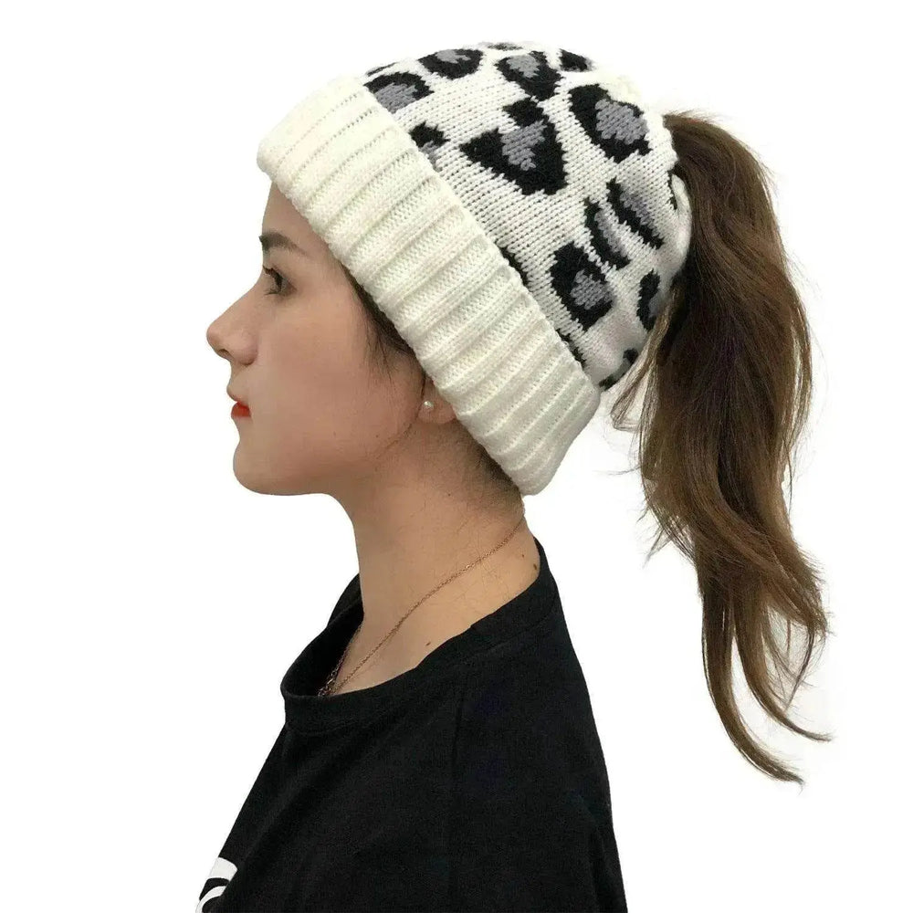 Women's Leopard Jacquard Ponytail Knitted Woolen Hat - EX-STOCK Canada