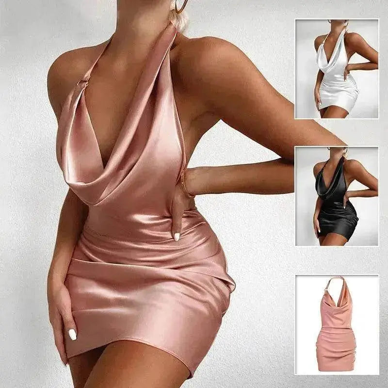 Women's Satin V Neck Backless No Sleeveless Summer Party Dress - EX-STOCK Canada