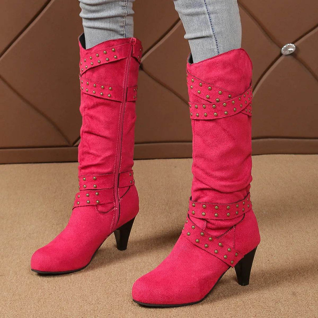 Fashion High Heel Boots With Cross-strap Rivet Design Retro V-cut Western Cowboy Boot Casual Zipper Shoes For Women - EX-STOCK Canada
