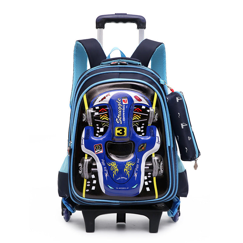 Blue and black backpack with steering wheel design on a white background