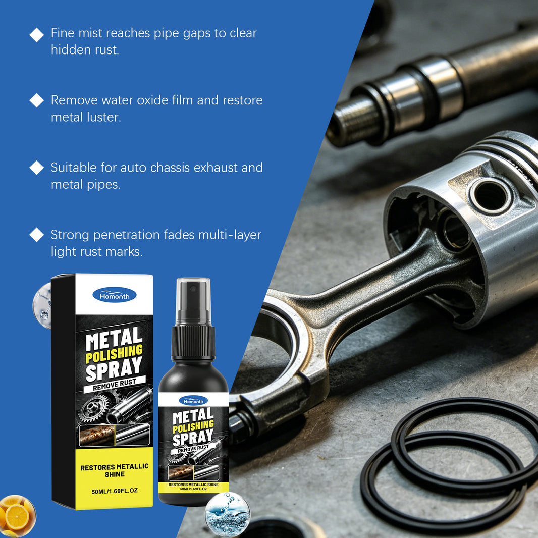 Halcom Metal Polishing Spray bottle and box shown beside an open piston rod and O-rings on a metal surface, with a blue text panel listing benefits and product claims.