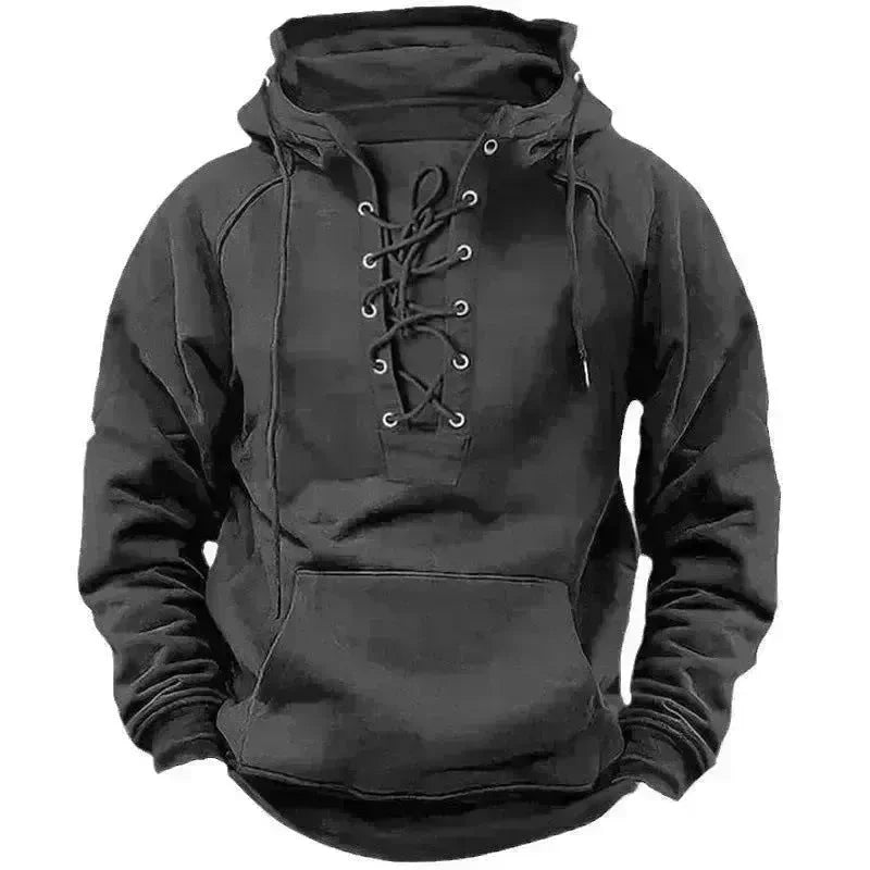 Men's Outdoor Retro Lace-up Hooded Long-sleeved T-shirt Casual Pullover top sweatshirt - EX-STOCK CANADA