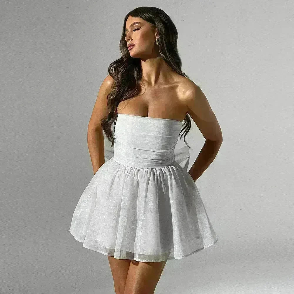Tube Top Lace Dress With Back Bow-knot Summer Fashion Temperament Mesh Stitching Off-neck Short Mini Skater Dress - EX-STOCK CANADA