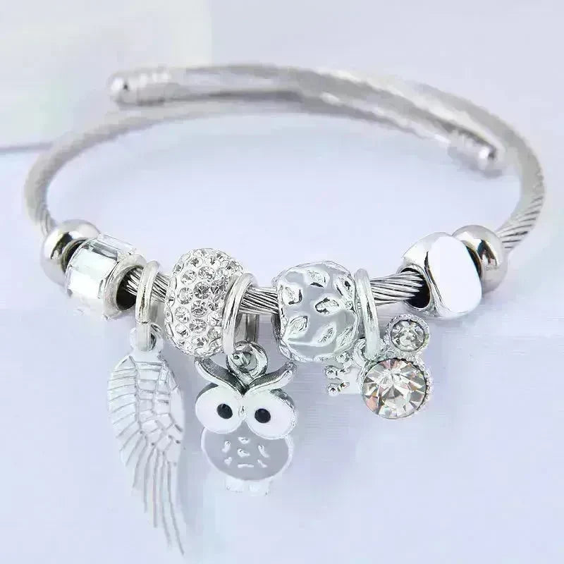 DIY Beaded Owl Angel Wings Pendant Stainless Steel Bracelet - EX-STOCK CANADA