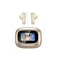 A pair of wireless earbuds above their matching charging case on a plain white background. The earbuds and case have a warm champagne-gold metallic finish, while the screen on the case displays a colorful photo of two women outdoors.