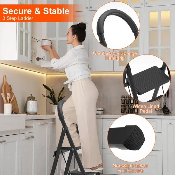 3-Step Folding Ladder, 330lbs Load Capacity, Lightweight 6.94lbs With 1.57in Folding Width, Heavy Duty Steel Construction, Non-Slip Pedals & Feet, Safety Lock, Multi-Use For Home Kitchen Living Room EX-STOCK