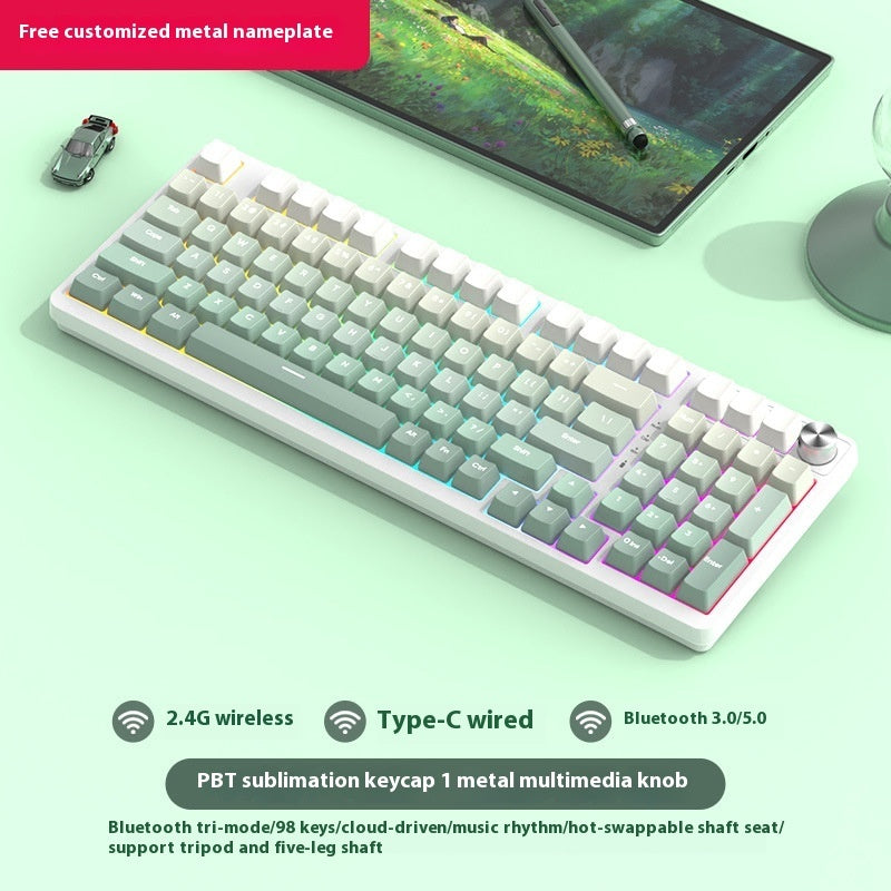 Mechanical keyboard with RGB lighting on a light green surface, featuring text about connectivity options and key features.