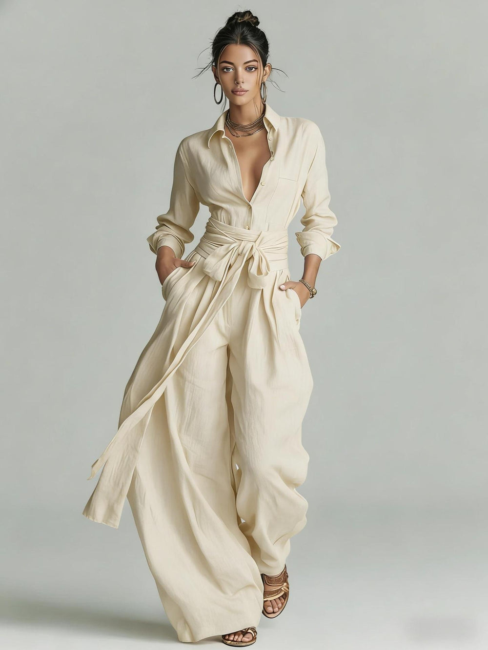 Women's relaxed belted two-piece pants set