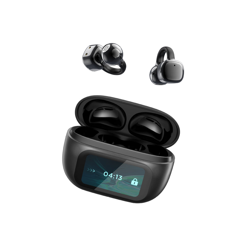 AI ear-mounted Bluetooth headset with touch screen in black and silver
