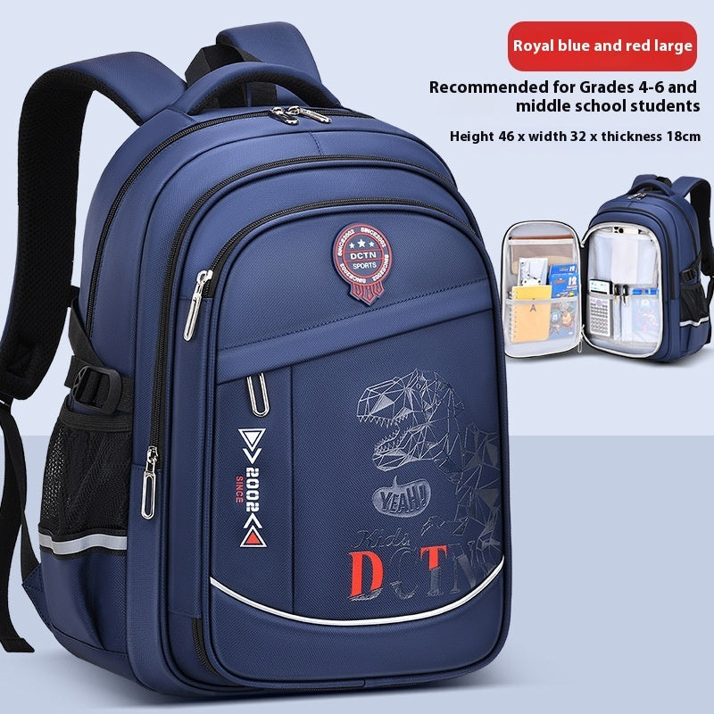 Blue backpack with dinosaur design on a light blue background