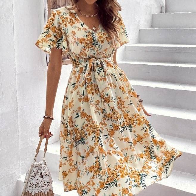 Women Bohemian Spring Short sleeve Casual flowy V-neck Tie belt Floral Summer Midi Dress - EX-STOCK Canada