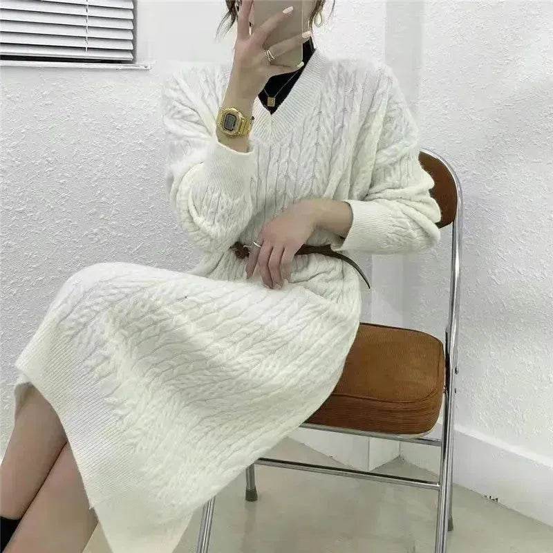 Autumn Winter Knitted V-neck Long Sweater Dress - EX-STOCK Canada