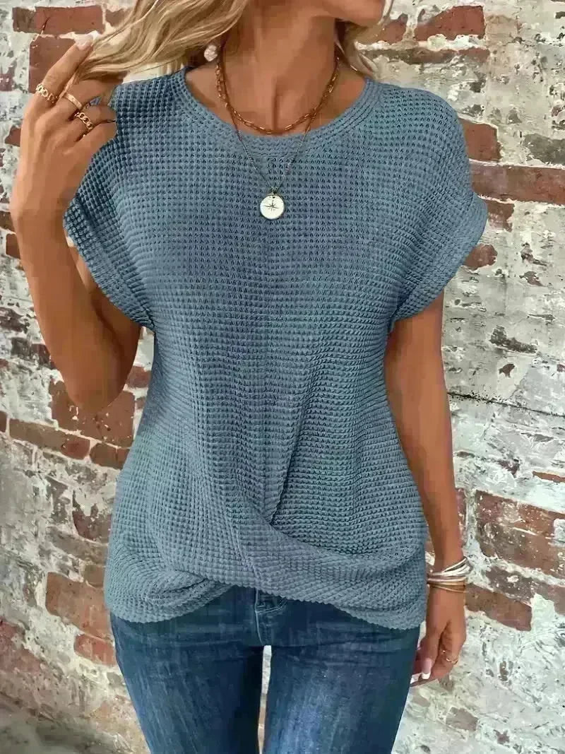 Casual Summer Short-sleeved Waffle blouse Top Summer New Solid Color Casual Evening Top For Women - EX-STOCK CANADA