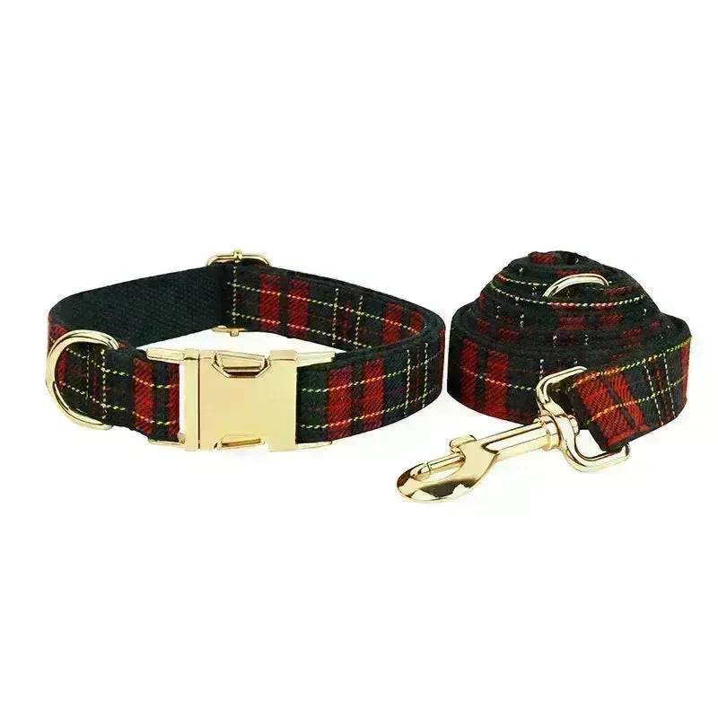Christmas Pet Collar Plaid With Green Background Dog Rope Leash Suit - EX-STOCK CANADA