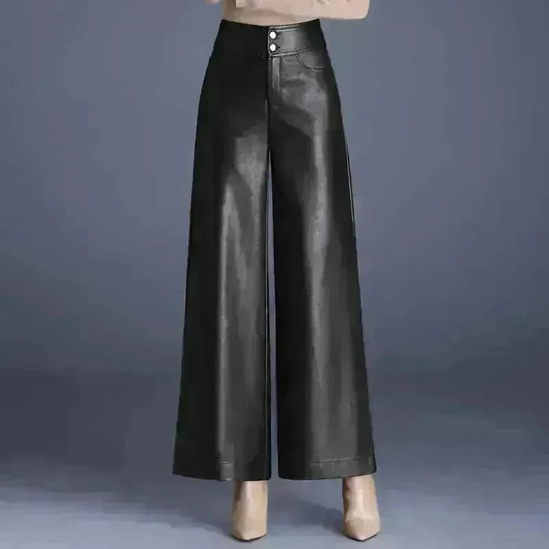 High Waist Thick Loose Big Leg Straight All-matching Wide Leg Leather trouser Pants For Women - EX-STOCK CANADA