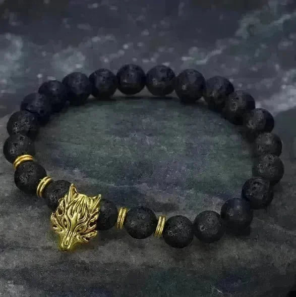 Asgard Crafted Grey Wolf Head And Lava Stone Bracelet - EX-STOCK CANADA