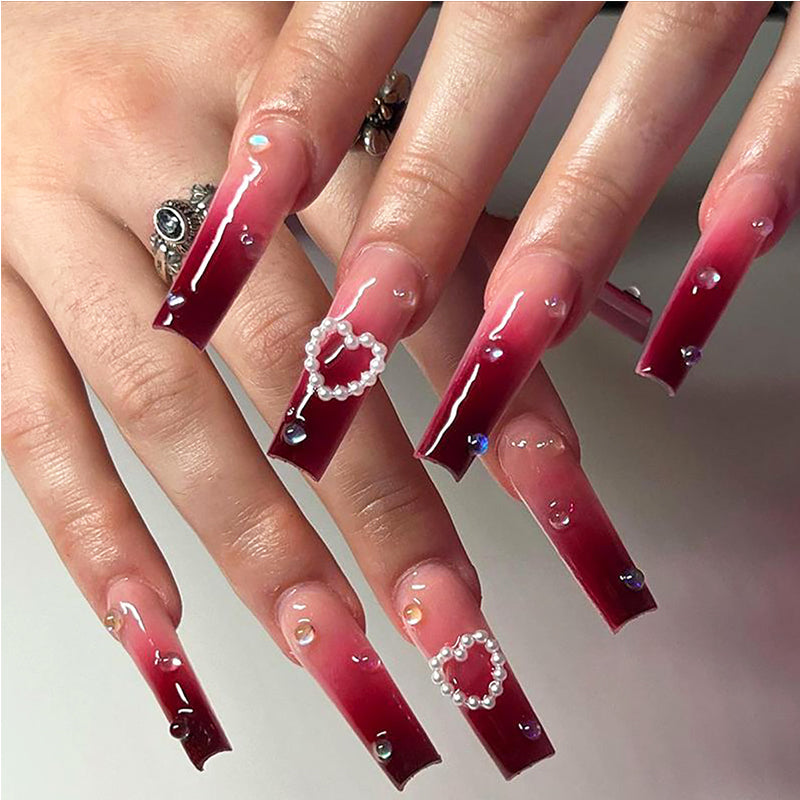 24 PCS Nail Art Cœur Rouge, Ongles Longs avec Longue Pipe à Eau, Faux Ongles à Tête CarréeEX-STOCK Canada 