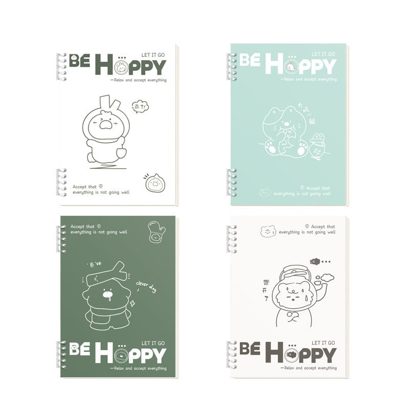 Four spiral-bound notebooks with 'Be Happy' and motivational phrases on a white background
