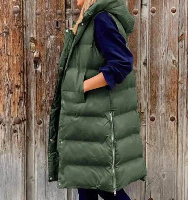 Pure Color Hooded Long Cotton Quilted Puffer Vest Casual - EX-STOCK Canada