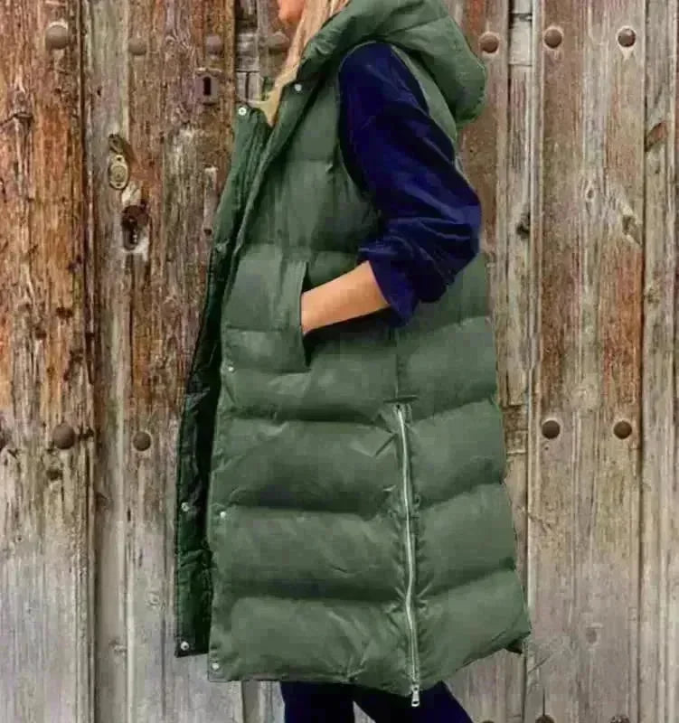 Pure Color Hooded Long Cotton Quilted Puffer Vest Casual - EX-STOCK CANADA