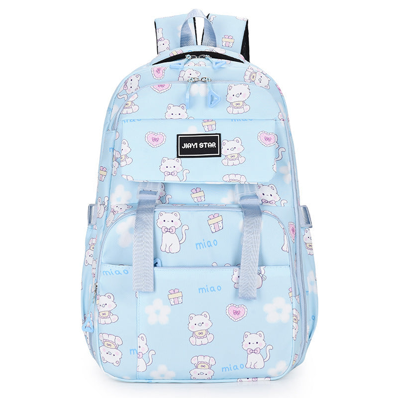 Light blue backpack with cat pattern on a white background