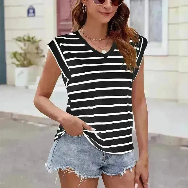 Fashion Stripe Print V-neck Short-sleeved T-Shirt Summer Loose Casual top for Women - EX-STOCK CANADA