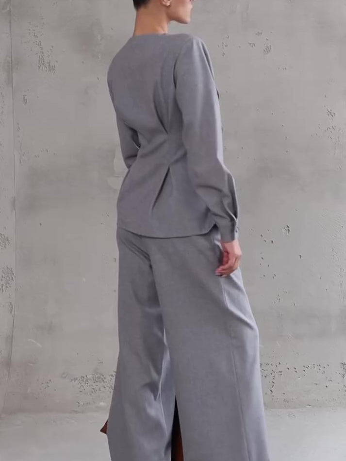 Light gray V-neck blazer-style top and pants set