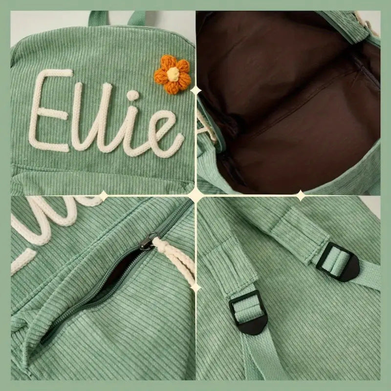 A four-panel close-up collage of a mint green corduroy backpack. The top-left panel shows the front with white embroidered script reading 'Ellie' and a small orange flower applique.