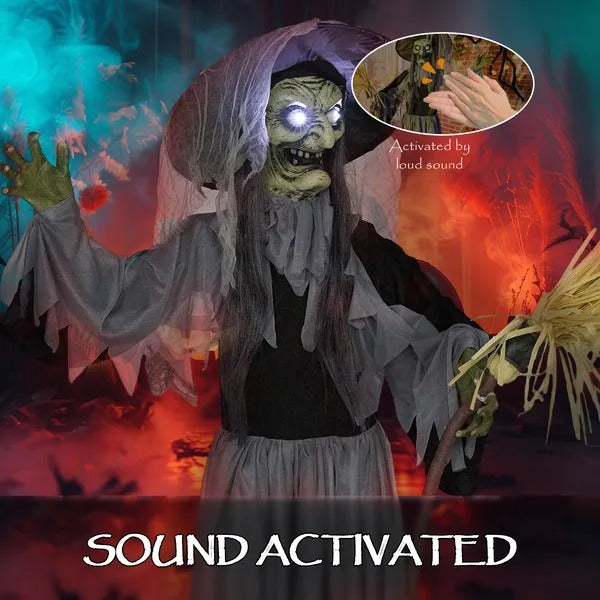 Animatronics Standing Witch, Voice-Activated Prop, Spinning Head & Flashing Eyes, Easy Setup Indoor, Black EX-STOCK Canada 