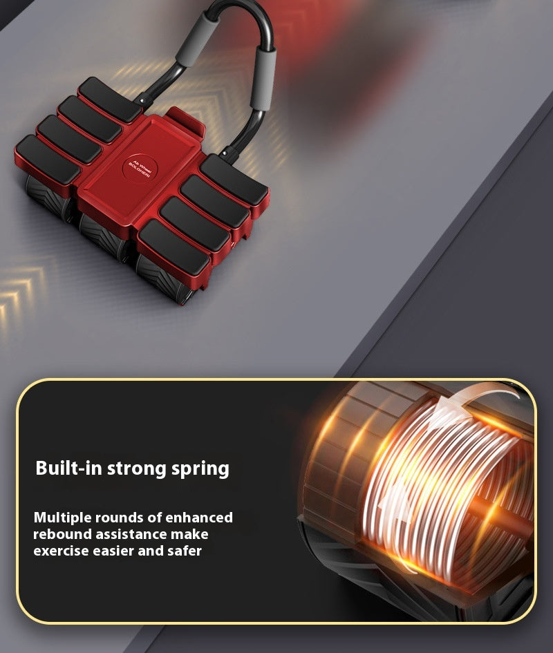 Red and black spring-loaded exercise pad with a black strap, shown on a gray surface with a feature callout panel explaining the built-in strong spring.