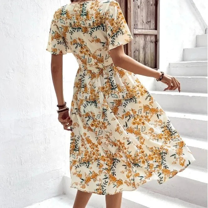 Women Bohemian Spring Short sleeve Casual flowy V-neck Tie belt Floral Summer Midi Dress - EX-STOCK CANADA