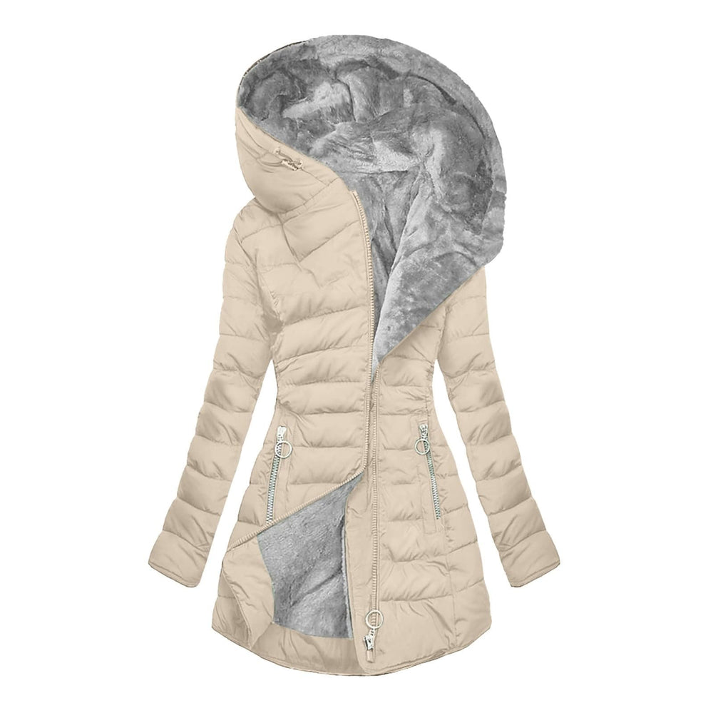 Beige puffer jacket with gray hood on a white background