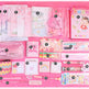 Set of stationery items including notebooks, pens, and a pencil case on a pink background.