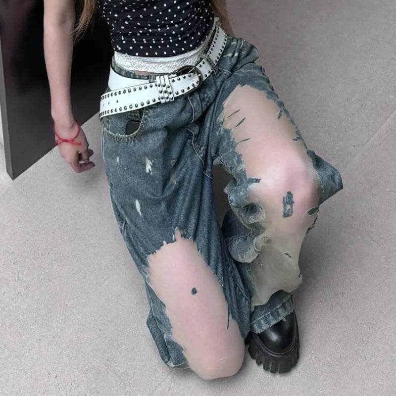 Retro Washed Ripped Baggy Jeans Pant For Women Summer Hollow Out - EX-STOCK Canada
