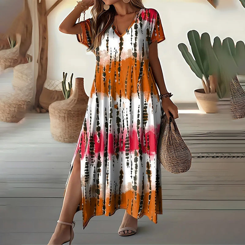 Women's Summer Tie Dye Maxi Dress Short Sleeve V Neck Casual Loose Long Split Dresses EX-STOCK