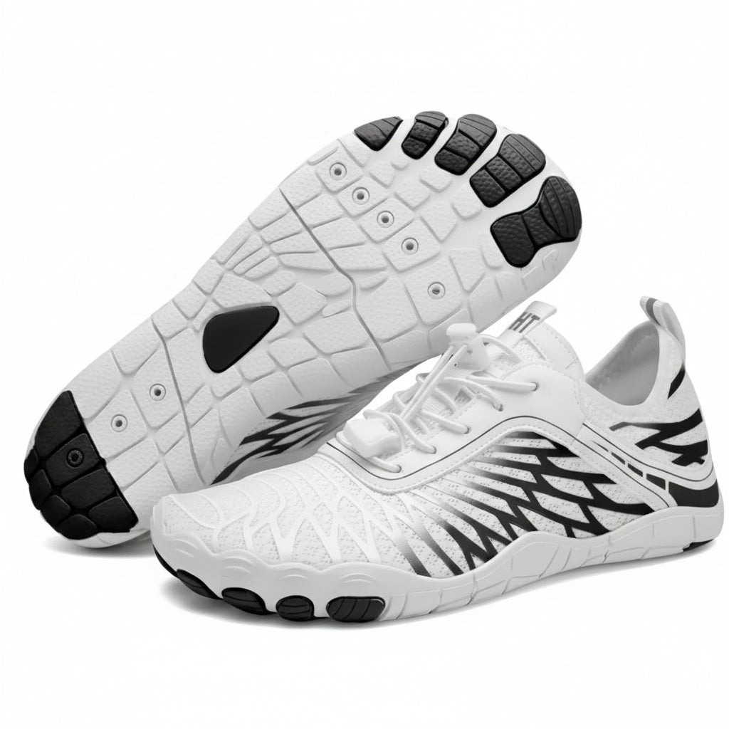 White athletic shoes with black accents on a white background Aqua Water Sports Shoes – Mesh Lace-Up, Rubber Sole