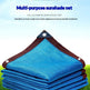 A stack of blue mesh sunshade nets with brown edging and metal grommets, shown against a sky-and-grass backdrop with promotional text reading 'Villa courtyard balcony roof sunshade' and 'Multi-purpose sunshade net'.