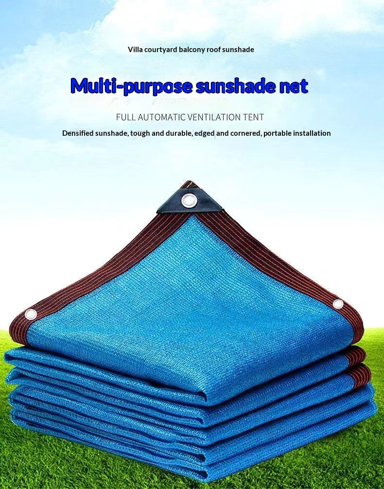 A stack of blue mesh sunshade nets with brown edging and metal grommets, shown against a sky-and-grass backdrop with promotional text reading 'Villa courtyard balcony roof sunshade' and 'Multi-purpose sunshade net'.