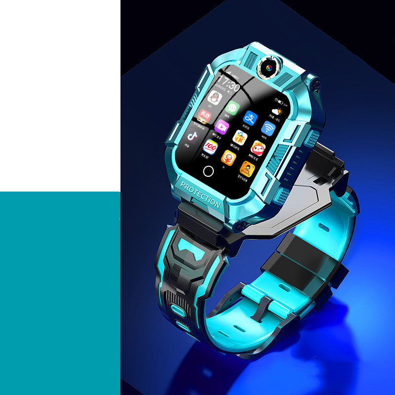 Smartwatch with a blue and black design on a gradient background
