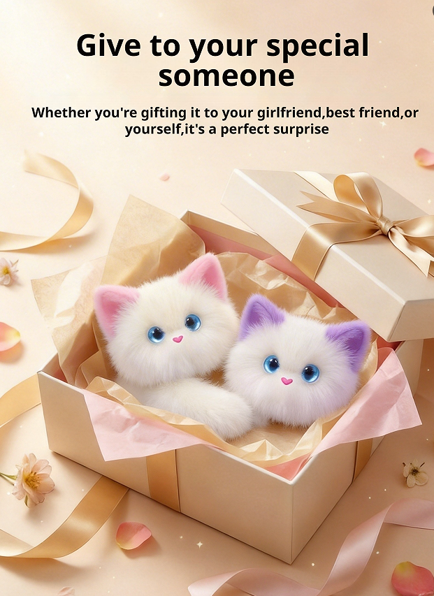 Two small white plush cat toys with pink and purple ears and blue eyes sit inside an open beige gift box lined with pink tissue paper. A closed matching gift box with a gold ribbon sits beside it, with decorative ribbons, petals, and text above reading, 'Give to your special someone' and 'Whether you're giving it to your girlfriend, best friend, or yourself, it's a perfect surprise.