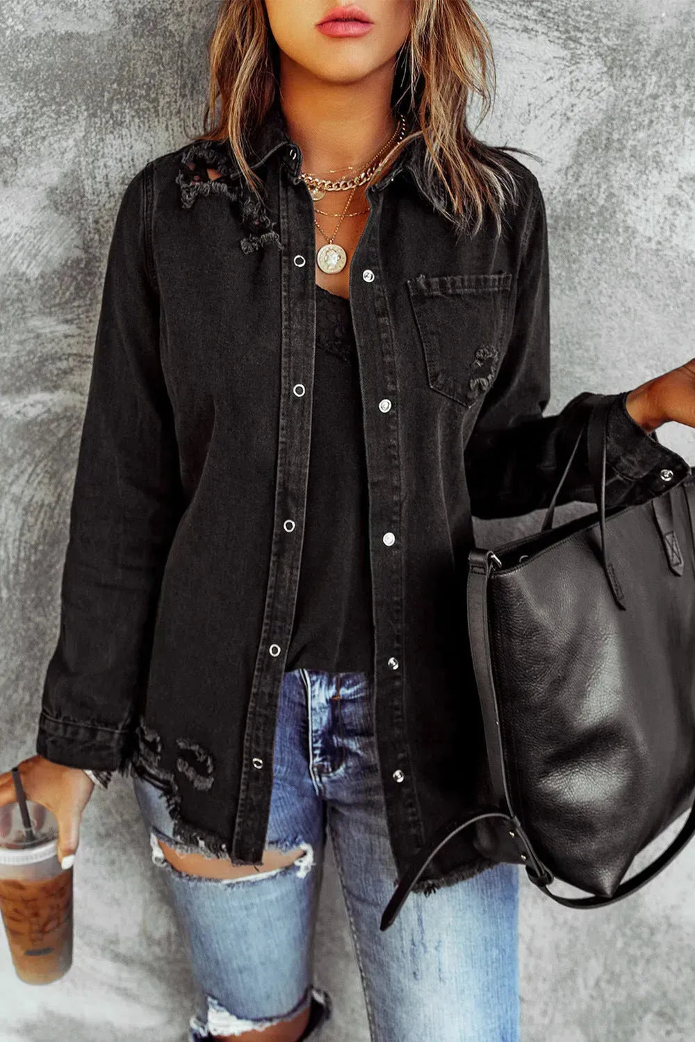 Black Ripped Shirt Denim Long Sleeve Coat Jacket Women - EX-STOCK CANADA