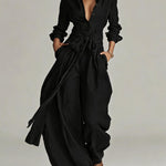 Linen-blend long-sleeve shirt and wide-leg pants outfit